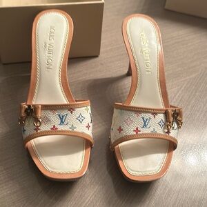 Louis Vuitton white multicolor wooden clog